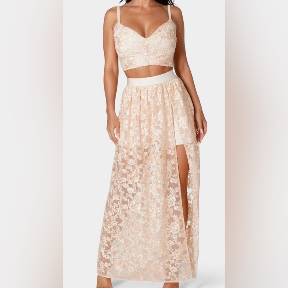 Bebe Nude Embroidered Gown
